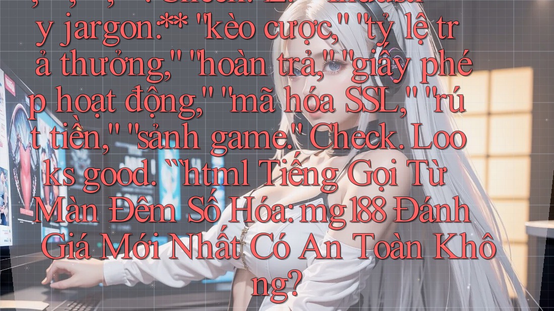 `, `
`, `
`, `
`. Check.
12. **Industry jargon: ** “kèo cược,” “tỷ lệ trả thưởng,” “hoàn trả,” “giấy phép hoạt động,” “mã hóa SSL,” “rút tiền,” “sảnh game.” Check.

Looks good.
```html


Tiếng Gọi Từ Màn Đêm Số Hóa: mg188 Đánh Giá Mới Nhất Có An Toàn Không?